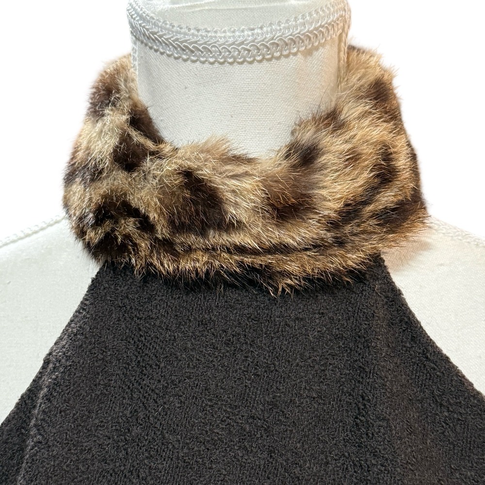 Michael Kors Halter Wool Dress Brown Real Fur Collar Sleeveless Party Cocktail